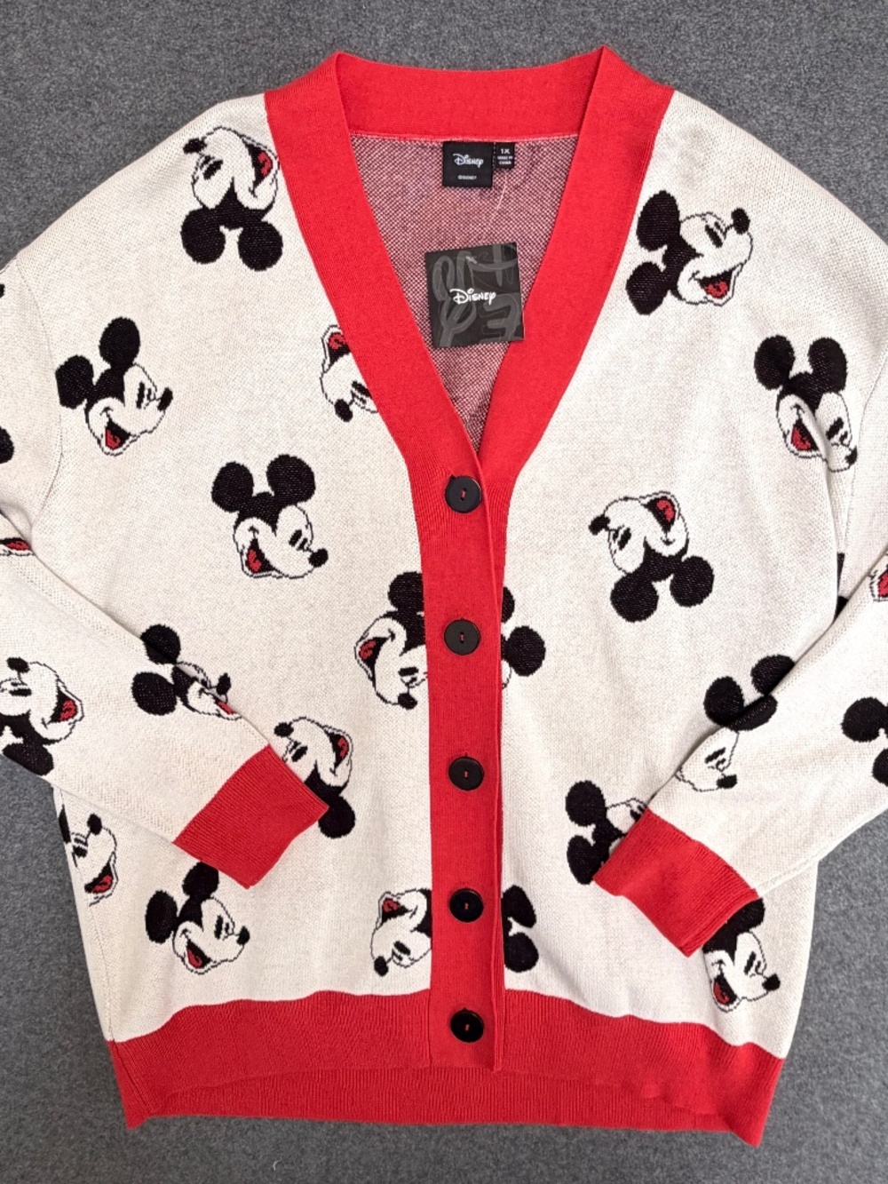 Disney Mickey Mouse Cardigan Womens 1X Ivory Red Allover Knit Sweater - NWT